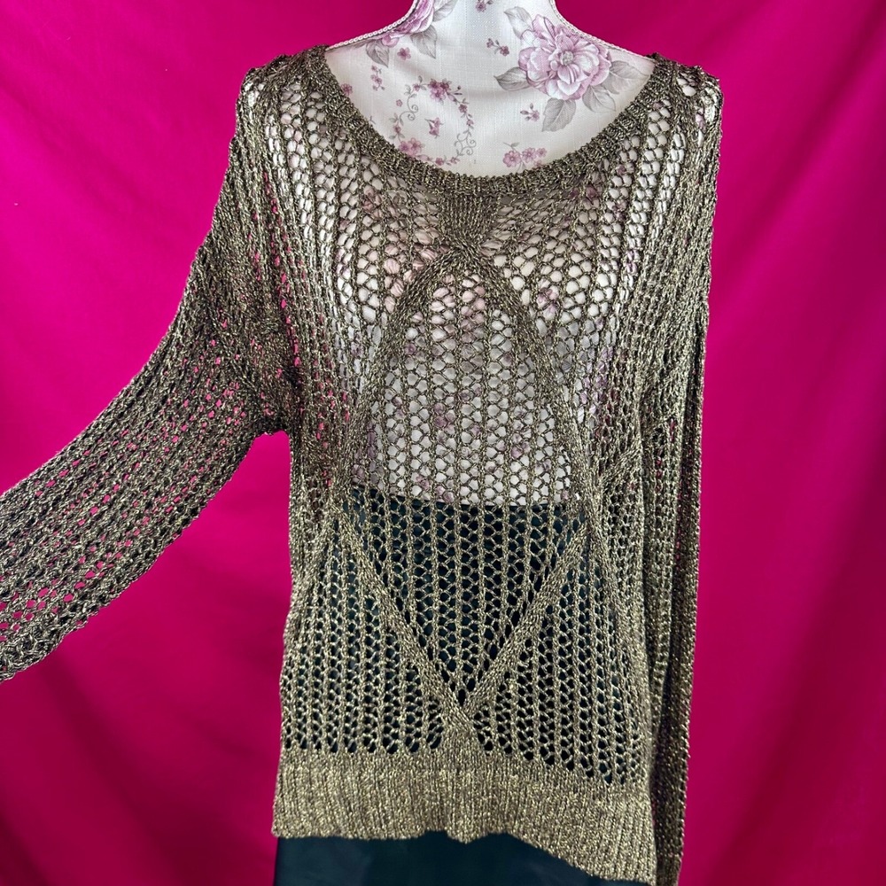 Jeans By Buffalo Metallic‎ Gold Brown Knit Sweater Open Weave Long Sleeve Medium